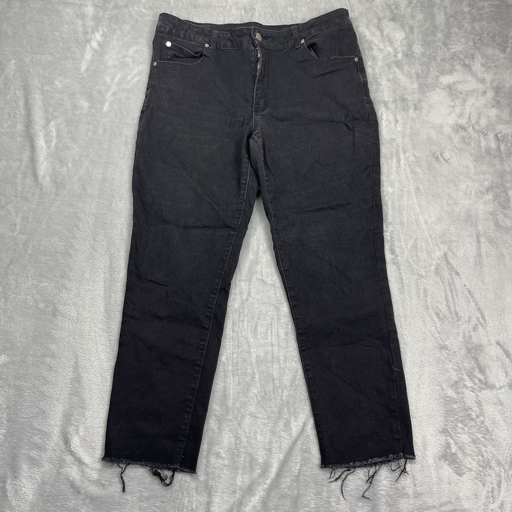 Tahari Olivia Slim Straight Jeans Womens 14/32 (32x26) Black Frayed Hem Mid Rise